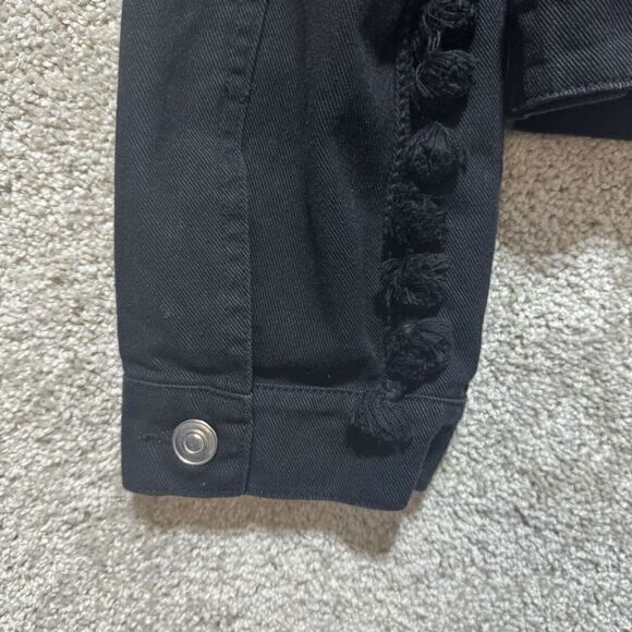 Free The Roses Denim Jean Jacket Black Pom Pom Women's Large Button Up - Picture 11 of 12